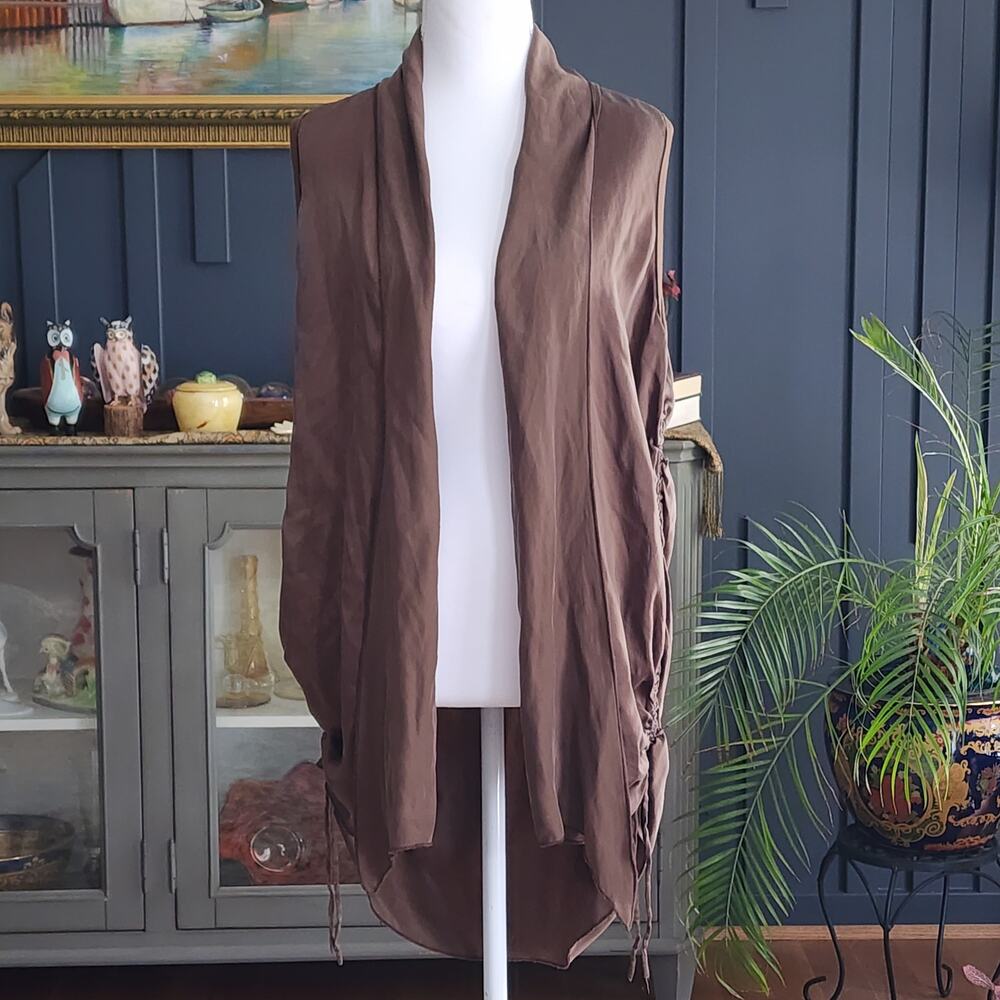 Y2K Sharon Couture 100% Silk Duster Vest Ruched Sides Sz L Brown